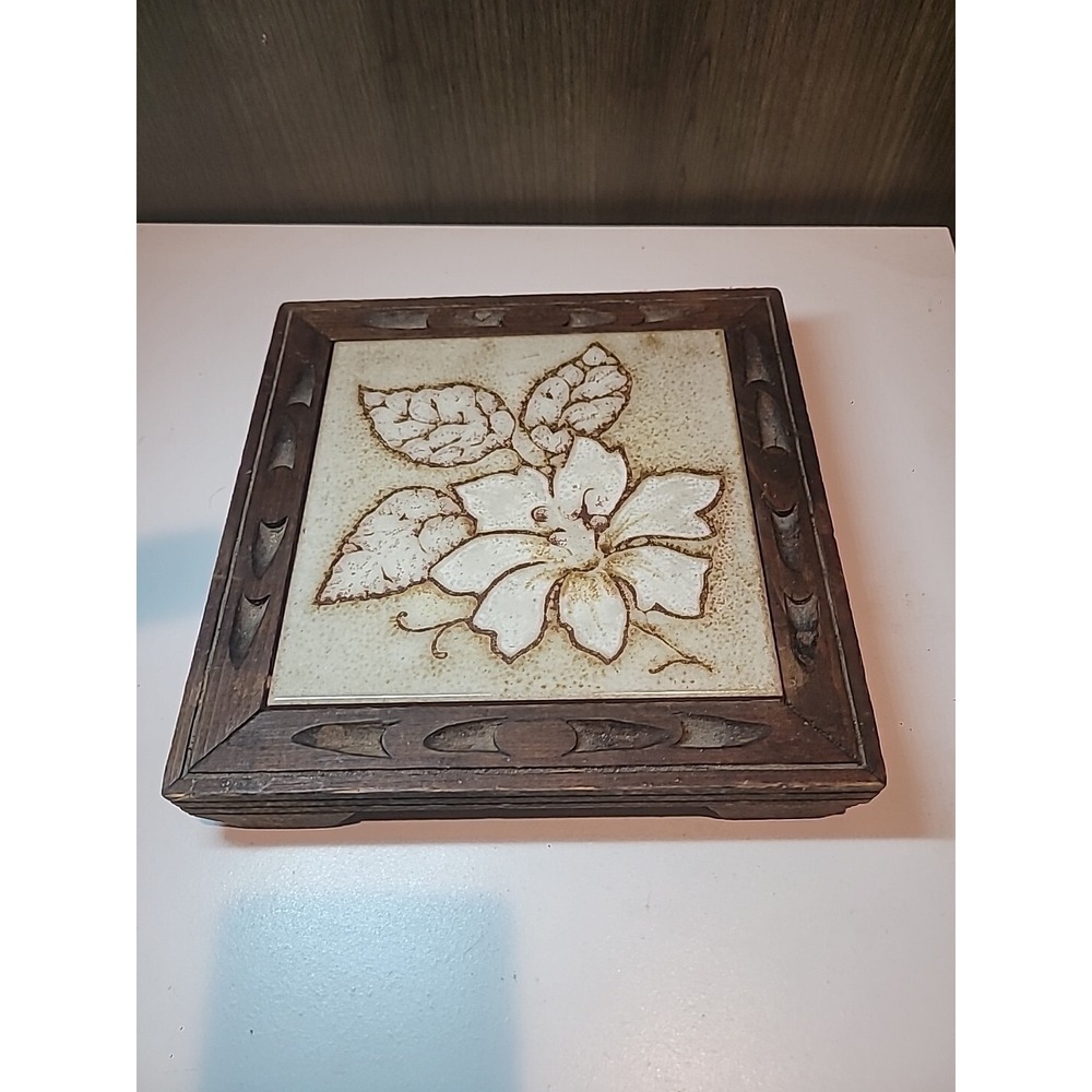 Framed Brown White Flower Trivet Hot Plate VTG S Marco MCM Made In Italy